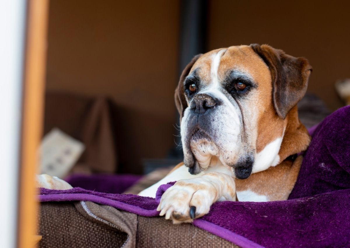Boxer dog resting on purple blanket Human grooming long-haired cat