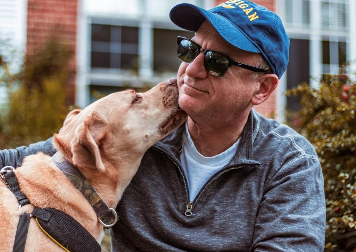 Man with dog; affection shown. Contented orange cat with closed eyes